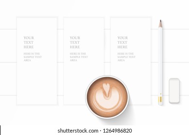 Flat lay top view elegant white composition paper pencil eraser and coffee on wooden background.