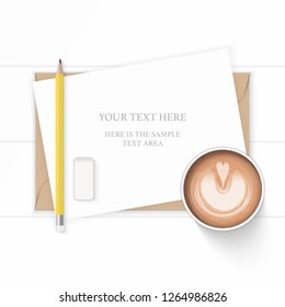 Flat lay top view elegant white composition paper kraft envelope yellow pencil coffee and eraser on wooden background.