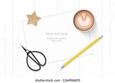 Flat lay top view elegant white composition paper yellow pencil star craft coffee and vintage metal scissors on wooden background.