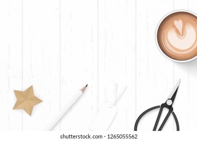 Flat lay top view elegant white composition paper coffee pencil star craft eraser and metal scissors on wooden background.
