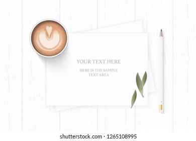 Flat lay top view elegant white composition paper nature leaf pencil and coffee on wooden background.