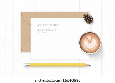 Flat lay top view elegant white composition letter kraft paper envelope pine cone yellow pencil and coffee on wooden background.