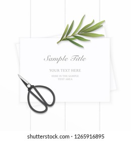 Flat lay top view elegant white composition paper tarragon leaf and vintage metal scissors on wooden background.