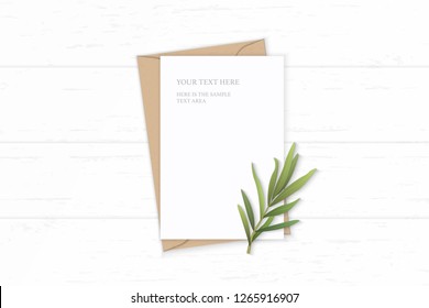 Flat Lay Top View Elegant White Composition Letter Kraft Paper Envelope Tarragon Leaf On Wooden Background.