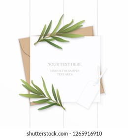 Flat lay top view elegant white composition letter kraft paper envelope nature tarragon leaf and tag on wooden background.