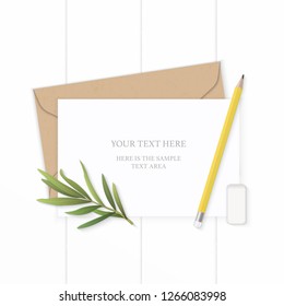 Flat lay top view elegant white composition letter kraft paper envelope yellow pencil tarragon leaf and eraser on wooden background.