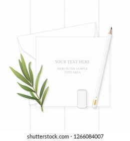 Flat lay top view elegant white composition letter paper envelope pencil tarragon leaf and eraser on wooden background.