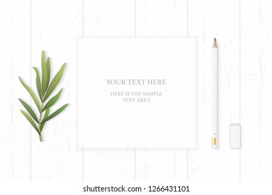Flat lay top view elegant white composition paper pencil eraser and tarragon leaf on wooden background.