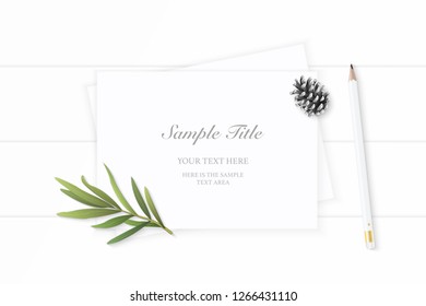 Flat lay top view elegant white composition paper pine cone pencil and tarragon leaf on wooden background.