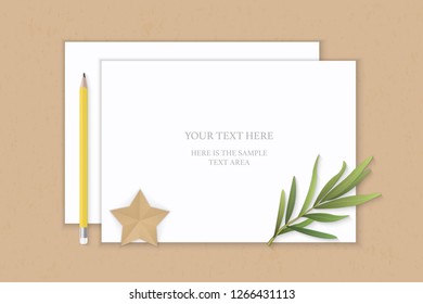 Flat lay top view elegant white composition paper yellow pencil tarragon leaf and star shape craft on kraft background.