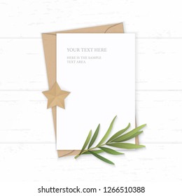 Flat lay top view elegant white composition letter kraft paper envelope tarragon leaf and star shape craft on wooden background.