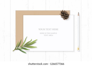 Flat lay top view elegant white composition paper kraft envelope pine cone and tarragon leaf on wooden background.