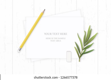 Flat lay top view elegant white composition yellow pencil tarragon leaf and eraser on wooden background.