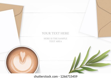 Flat lay top view elegant white composition letter kraft paper envelope tarragon leaf and coffee on wooden background.
