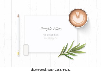 Flat lay top view elegant white composition paper pencil eraser tarragon leaf and coffee on wooden background.