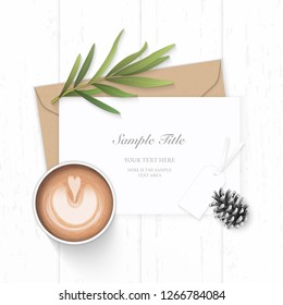 Flat lay top view elegant white composition letter kraft paper envelope pine cone tarragon leaf tag and coffee on wooden background.