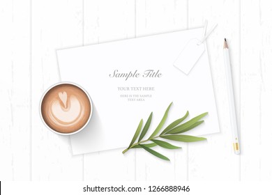 Flat lay top view elegant white composition paper botanic garden plant tarragon leaf tag pencil and coffee on wooden background.