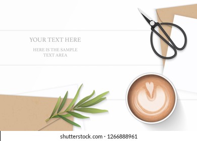 Flat lay top view elegant white composition letter kraft paper envelope tarragon leaf coffee and vintage metal scissors on wooden background.