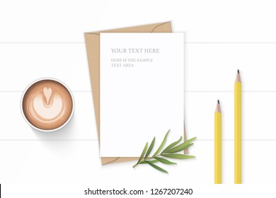 Flat lay top view elegant white composition letter kraft paper envelope yellow pencils and coffee on wooden background.