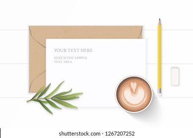 Flat lay top view elegant white composition letter kraft paper envelope yellow pencil eraser tarragon leaf and coffee on wooden background.
