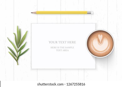 Flat lay top view elegant white composition paper yellow pencil tarragon leaf and coffee on wooden background.