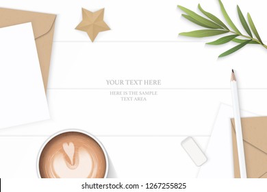 Flat lay top view elegant white composition letter kraft paper envelope pencil eraser coffee tarragon leaf and star shape craft on wooden background.