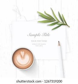 Flat lay top view elegant white composition paper pine cone tag coffee tarragon leaf and pencil on wooden background.