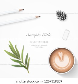 Flat lay top view elegant composition paper pine cone tags pencil eraser tarragon leaf and coffee on wooden background.