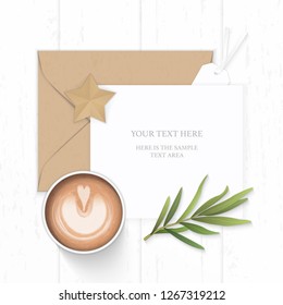 Flat lay top view elegant white composition paper brown kraft envelope star shape craft tag tarragon leaf and coffee on wooden background.