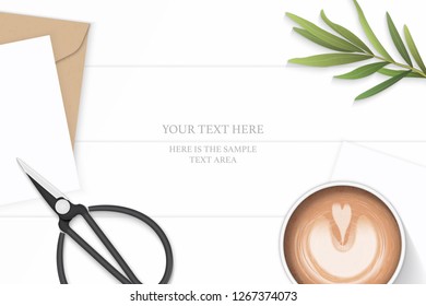 Flat lay top view elegant white composition letter kraft paper envelope tarragon leaf metal scissors and coffee on wooden background.