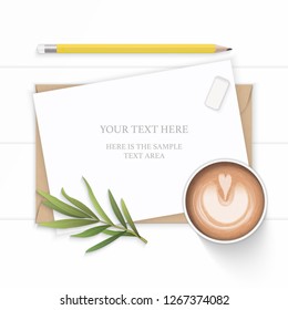 Flat lay top view elegant white composition paper kraft envelope yellow pencil coffee tarragon leaf and eraser on wooden background.