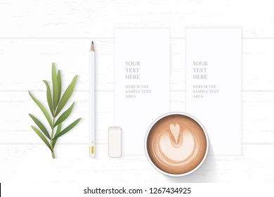 Flat lay top view elegant white composition paper pencil coffee eraser and tarragon leaf on wooden background.