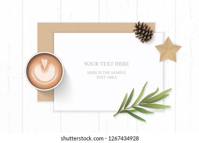 Flat lay top view elegant white composition paper kraft envelope pine cone coffee tarragon leaf and star shape craft on wooden background.