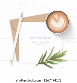 Flat lay top view elegant white composition letter kraft paper envelope pencil tarragon leaf and coffee on wooden background.