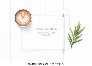 Flat lay top view elegant white composition paper nature tarragon leaf pencil and coffee on wooden background.