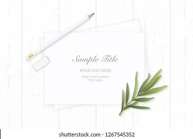 Flat lay top view elegant composition paper plant tarragon leaf and pencil eraser on wooden background.