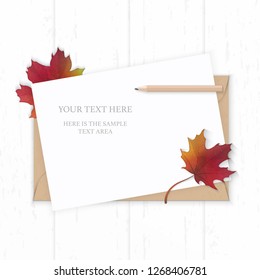 Flat lay top view elegant white composition paper kraft envelope red autumn maple leaf and pencil on wooden background.