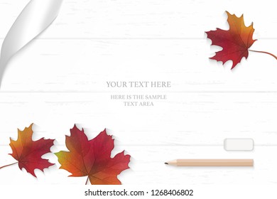 Flat lay top view elegant white composition silver ribbon autumn red maple leaf and pencil eraser on wooden floor background.