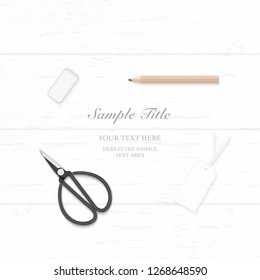 Flat lay top view elegant white composition paper pencil eraser tag and vintage metal scissors on wooden background.