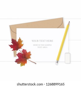 Flat lay top view elegant white composition letter kraft paper envelope yellow pencil autumn maple leaf and eraser on wooden background.