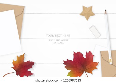 Flat lay top view elegant white composition letter kraft paper envelope autumn maple leaf pencil eraser and star shape craft on wooden background.