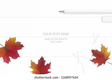 Flat lay top view elegant white composition yellow pencils eraser and autumn maple leaf on wooden floor background.