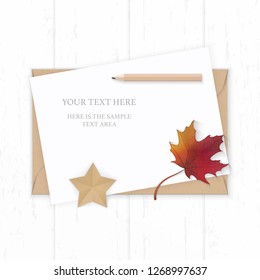 Flat lay top view elegant white composition paper kraft envelope star shape craft pencil and autumn maple leaf on wooden background.