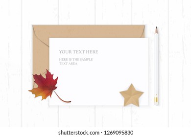 Flat lay top view elegant white composition letter paper kraft envelope star shape craft autumn maple leaf and pencil on wooden background.