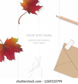 Flat lay top view elegant white composition paper leaf flower kraft envelope pencil eraser tag and autumn maple leaf on wooden background.