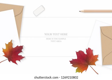 Flat lay top view elegant white composition letter kraft paper envelope autumn maple leaf pencil eraser on wooden background.