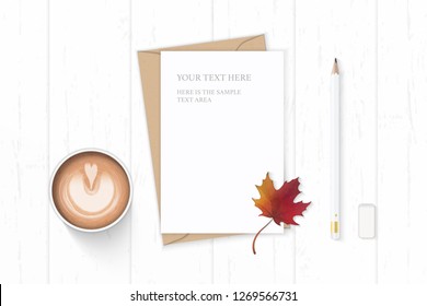 Flat lay top view elegant white composition letter kraft paper envelope coffe pencil autumn maple leaf and eraser on wooden background.