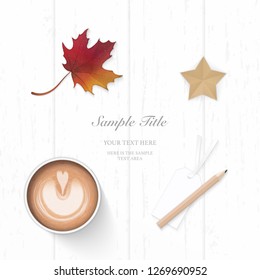 Flat lay top view elegant white composition paper yellow pencil tag star craft autumn maple leaf and coffee on wooden background.