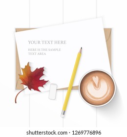 Flat lay top view elegant white composition paper kraft envelope pencil eraser autumn maple leaf and coffee on wooden background.