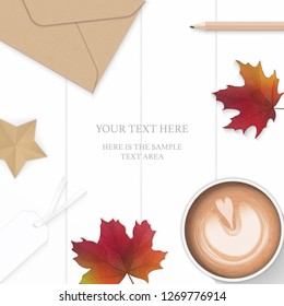 Flat lay top view elegant white composition paper autumn maple leaf kraft envelope tag pencil and coffee on wooden background.